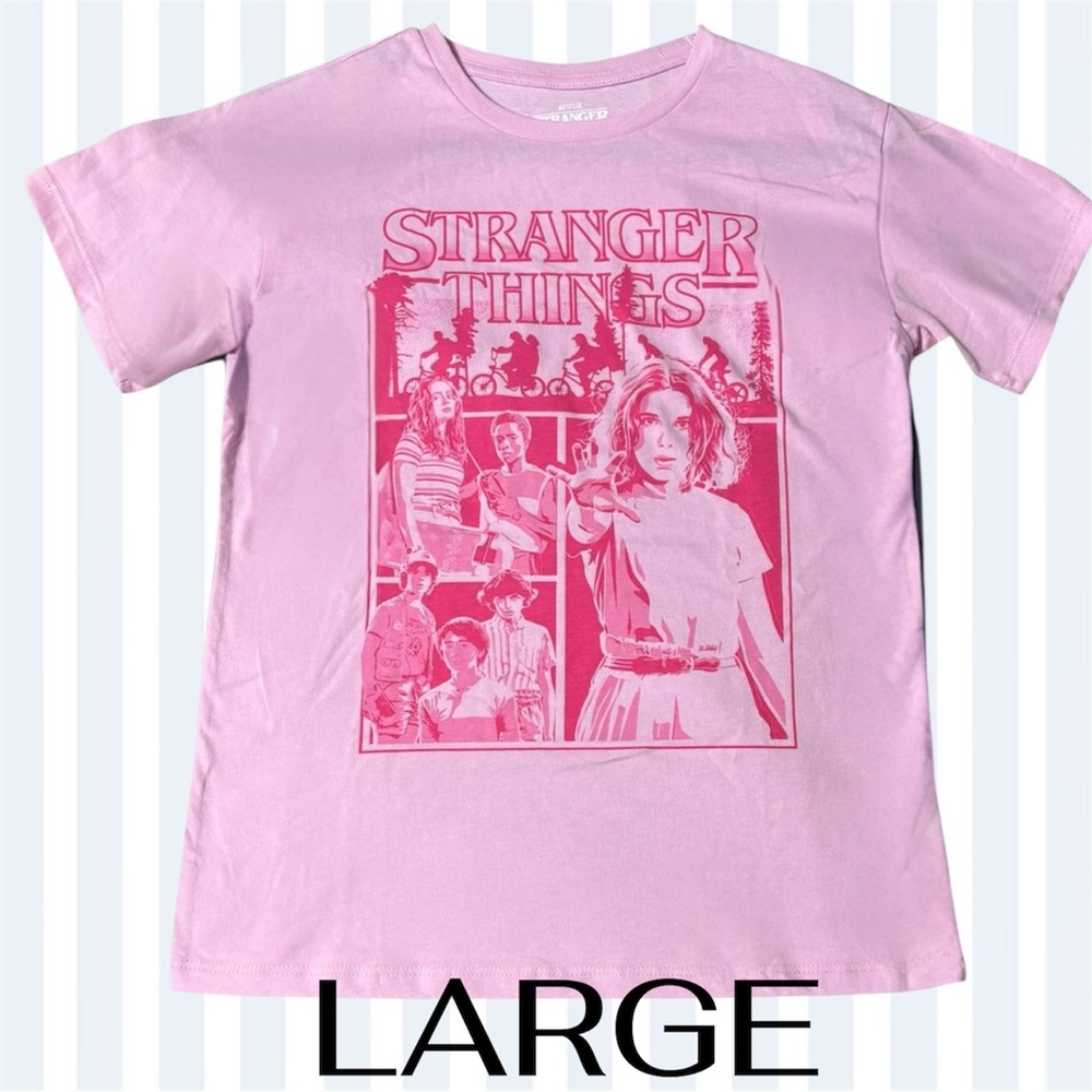 🎀 Lt. Pink Stranger Things T-Shirt (10/12) Women’s  Size Large NWT 🎀